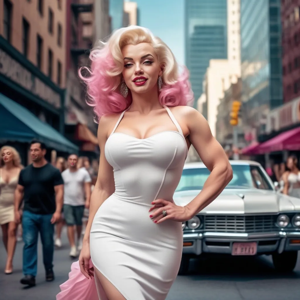 Prompt: Hyper-realistic fantasy image of a gorgeous ultra-muscular 25-year-old Macedonian drag queen bodybuilder (masculine jawline and brow facial features) with huge busom and ridiculously long flowing pink hair,  8 inch stiletto high heel shoes, walking in a white dress, Marilyn Monroe pause style, retro city setting, fine details, fictive, smiling, walking over an air vent, 8k, best quality, hyper-realistic, fantasy, retro, white dress, city setting, fine details, smiling, Marilyn Monroe style, air vent, walking