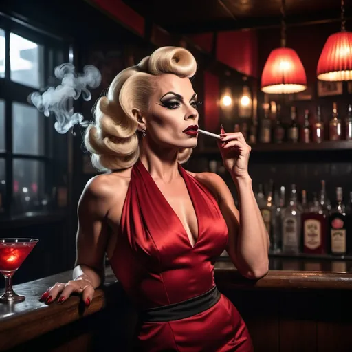 Prompt: Gorgeous muscular 35-year-old femme fatale drag queen (strong masculine jawline and brow) in a dimly lit gritty bar, (1950s noir aesthetics), leaning against the bar, wearing a sleek red cocktail dress, dark eyeshadow, dark lipstick, (holding a lit cigarette), wisps of smoke drifting, dramatic shadows, atmospheric ambiance, (high detail) & (cinematic quality), 8K resolution, hooded incandescent lamp spotlighting her hauntingly beautiful appearance, evokes tension and allure, capturing the essence of classic noir photography.