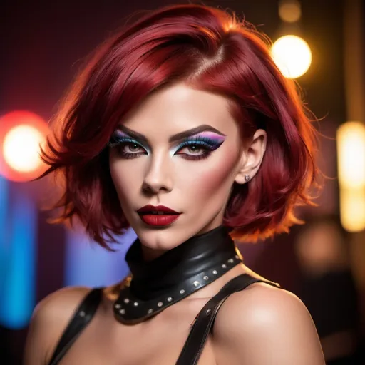 Prompt: (Gorgeous ultra-muscular 25-year-old Czechian drag queen with petite feminine muscular body), (lightly masculine facial structure), medium length messy red bob cut hair, heavy mascara, dark red lipstick, 
 wearing stylish male clothes, leather collar, 8 inch stiletto high heel shoes, dancing joyfully with other girls, vibrant colors, energetic ambiance, dynamic motion, fun atmosphere, (HD), ultra-detailed, whimsical background filled with flowing fabrics and abstract shapes.