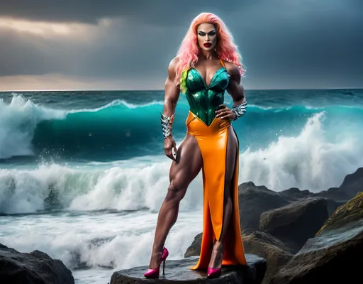 Prompt: If Aquaman was a gorgeous hyper-muscular 25-year-old drag queen bodybuilder with Dark eye makeup and dark lipstick. Wearing 8 inch stiletto high heel shoes. Standing on a rock by the ocean.