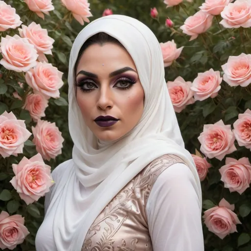 Prompt: (Gorgeous muscular 35-year-old Afghani drag queen bodybuiler with large busom, dark eye makeup, and dark lipstick (with strong masculinefacialfeatures)) standing amidst blooming pink roses, her face subtly veiled in soft, golden light creating an ethereal effect, wearing a pristine white hijab that contrasts gently with the vibrant petals. The atmosphere exudes serenity and grace, surrounded by delicate pink hues, capturing an enchanting and mystical ambiance. The quality is ultra-detailed, ensuring depth and clarity in this spiritually uplifting scene.