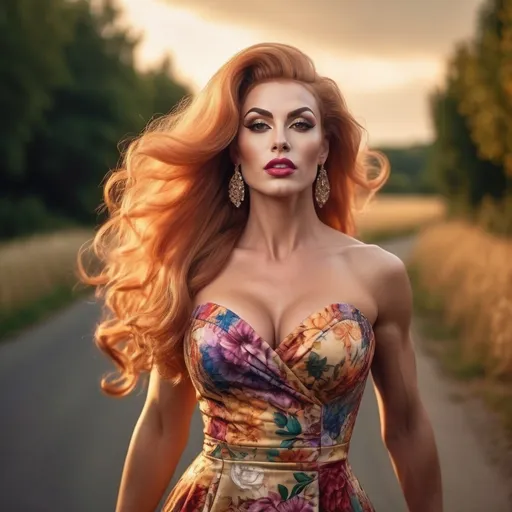 Prompt: Create a digital photograph of a beautiful stylish caucasian French drag queen bodybuilder (((with strong masculine jawline and brow))) with big busom walking happily on a country road at sunset, warm sunlight accentuating her radiant beauty, ultra-realistic, detailed floral dress with vibrant colors, ridiculously long flowing golden hair (((blowing in the wind))) catching the golden glow, picturesque rural setting, high quality, 8k hi-res hd detailed digital photograph, warm tones, detailed floral dress, radiant beauty, picturesque, sunset lighting, professional