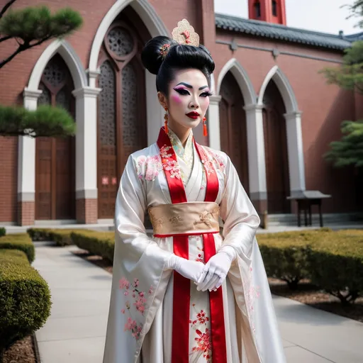 Prompt: A beautiful Chinese drag queen wears beautiful Hanfu, and long white silk gloves. She stands outside a modern Catholic church. Full body picture.