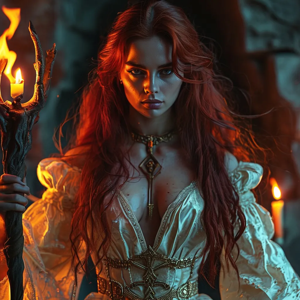 Prompt: Full body 8k digital photography portrait of a gorgeous ultra-muscular 35 years old Czechian female goddess bodybuilder undead sorceress casting a spell, very long dark red hair, wearing long light-colored iridescent robe, carrying a wooden staff, darkened fire lit cave, D&D, fantasy, intricate, highly detailed, sharp focus, digital photography, artstation, concept art, 4k, 8k