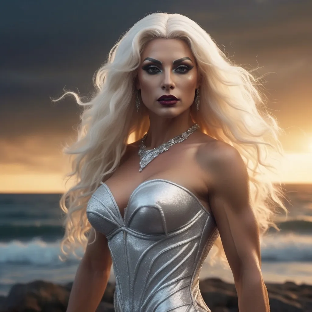 Prompt: HD 4k 3D 8k professional full-body modeling photo hyper realistic beautiful ultra-muscular Italian drag queen goddess enchanted, ethereal greek goddess, extremely long platinum blonde hair, full body surrounded by ambient glow, magical, highly detailed, intricate, beautiful superhero style, Storm, outdoor landscape, highly realistic woman, high fantasy background, elegant, mythical, surreal lighting, majestic, goddesslike aura, Annie Leibovitz style 

