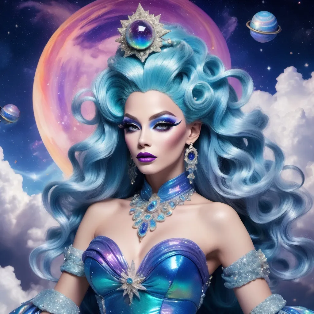 Prompt: The most beautiful drag queen on Neptune wearing the traditional Neptune dress.