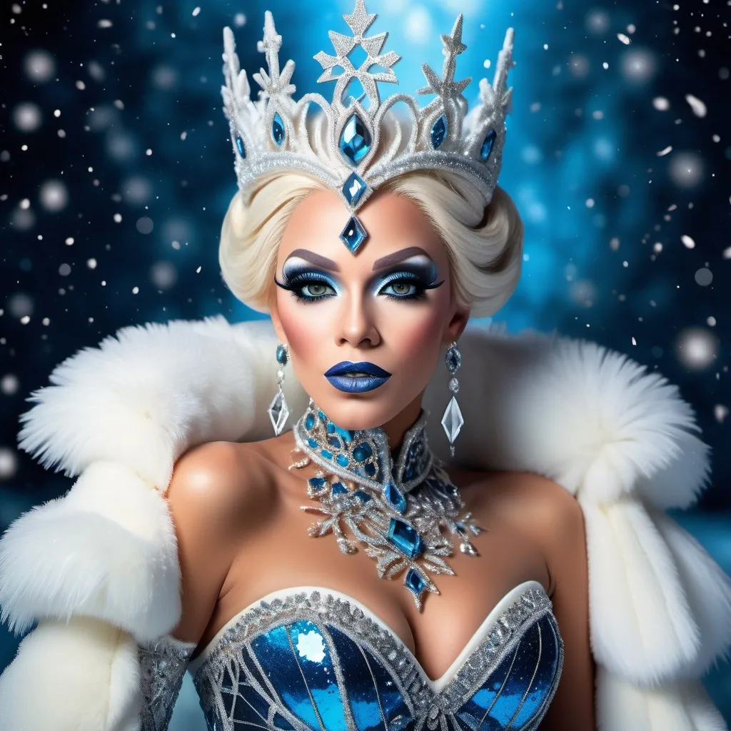 Prompt: A high definition hyper-detail live action digital photograph of a Drag snow queen