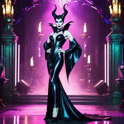 Prompt: Gorgeous muscular cyberpunk drag queen (Disney's) Maleficent, great legs, crystal high heels,  dark lipstick.