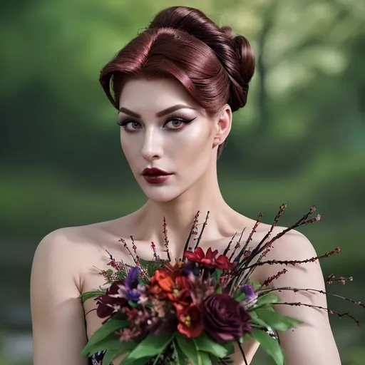 Prompt: award-winning full-length portrait of a gorgeous muscular drag queen (strong masculine jawline and facial features) with dark red updo hair, dark eyeshadow,  and dark lipstick, chic floral dress, outdoors, dainty bouquet of wildflowers, high-quality, oil painting, detailed floral patterns, serene atmosphere, elegant, natural lighting