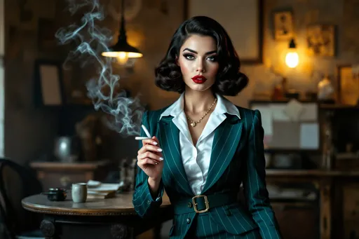 Prompt: Beautiful brunette femme fatale drag queen with short silky long hair, piercing blue eyes, strong masculine jawline and brow features, upturned brows, white silk blouse, teal pin-striped blazer & matching pencil skirt, teal pumps, standing in a shabby 1930s office, holding a lit cigarette, wisps of smoke, film noire ambiance, high detail & quality, incandescent light, 8k, cinematic photo.