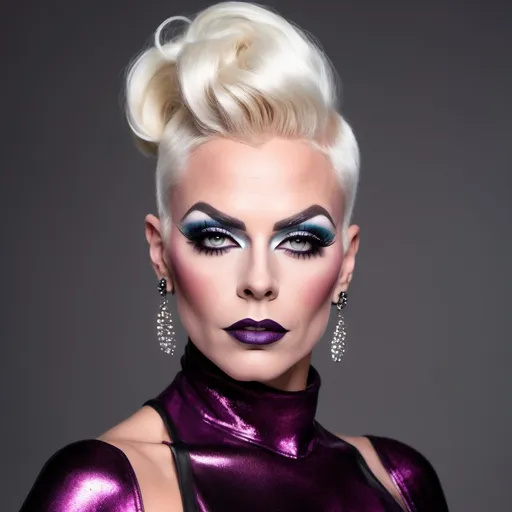 Prompt: The most beautiful muscular 35-year-old Finnish drag queen (with very strong masculine jawline and facial features) with stylish platinum blonde updo hair and large busom.  Wearing a sassy, cute, stylish, colorful party dress and 8 inch platform stiletto high heel knee-high boots.  Dark eyeshadow,  dark lipstick,  heavy mascara. 