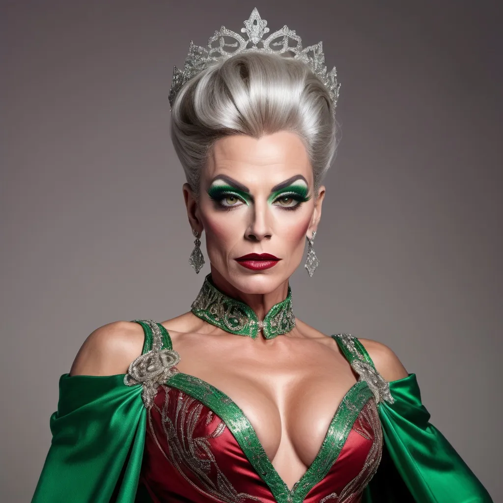 Prompt: A portrayal of a regal looking British drag queen bodybuildet in her mid 40s, with long silver updo hair, a bronze circlet on top of her head, mesmerising green eyes, high cheekbones, fair skin, narrow waist, slim complexion, wearing an elegant dark red ball gown with intricate embroidered details and 8 onch stiletto high heel shoes, standing on a majestic staircase.