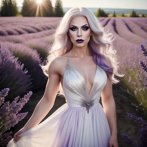 Prompt: Design a photo-realistic portrait of a gorgeous muscular 25-year-old Finnish drag queen (dark eye makeup and dark lipstick) dressed in a flowing white gown, standing amongst a field of lavender. The sunlight catches the delicate details of her dress, creating a soft, ethereal glow.