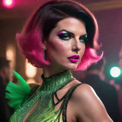 Prompt: image of Tom Cruise dressed as a gorgeous 25-year-old full figured Czechian drag queen wearing a flamboyant, yet conservative black neon green and neon pink Bob Mackie designer Gown, heavy eye makeup,  dark red lipstick, posing in a smokey Cabaret. hyper-realistic quality, ultra-detailed 4K imagery.