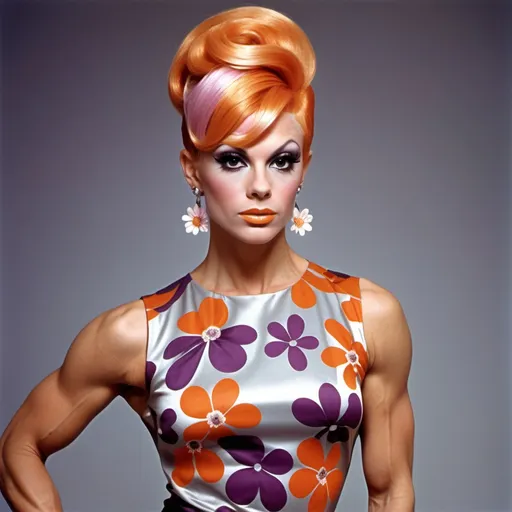 Prompt: Mod casual top, 1966, fashionable for gorgeous ultra-muscular 25-year-old Czechian drag queen bodybuilder, short silver and pink swept over stylish hair, sassy, iconic, modest, timeless, boho chic, floral, bright, orange, aubergine