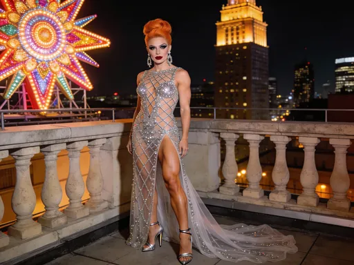Prompt: This photograph captures a stunning, 35-year-old Swedish drag queen standing on an urban rooftop at night, illuminated by city lights. She is wearing an intricately designed, floor-length, sheer gown adorned with silver sequins and beads that form a lattice pattern, revealing glimpses of her skin underneath. The gown features high slits on both sides, showcasing her toned, muscular legs, and a flowing, sheer train that extends to the ground. Her burnt orange hair is styled in an elegant updo, and she wears large, dangling earrings that add to her glamorous look. Her makeup is dark eyeshadow, heavy mascara, with dark red lipstick and defined eyebrows. She is also wearing Silver 7 inch stiletto high-heeled shies with thin straps. 

The background reveals a cityscape with tall buildings, one of which is brightly lit, creating a contrast with the dark night sky. The rooftop has a stone balustrade, and the lighting casts a warm glow on the 35-year-old Swedish drag queen's dress and the surrounding architecture. The overall style of the photograph is glamorous and sophisticated, emphasizing the elegance of the 35-year-old Swedish drag queen's attire and the urban nighttime setting. Next to her on left on the balcony is a gigantic, extravagant, ultra-flamboyant, multi-colored, illuminated sign that takes up the upper left quarter of the photo The image is sharp and well-composed, highlighting the textures of the gown and the architectural details in the background.