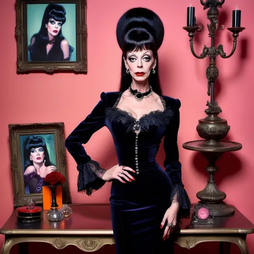 Prompt: Don Knotts dressed up as Elvira in Miu Miu, (gothic glamour), fashion-forward ensemble, (vibrant colors), striking contrast, bold accessories, dramatic makeup, (elaborate details), captivating pose, abstract background, playful yet elegant vibes, high fashion atmosphere, ( HD, ultra-detailed), stylish urban setting, blending classic horror aesthetic with contemporary fashion.