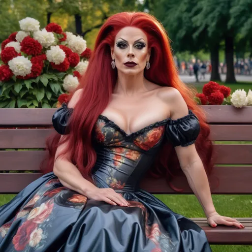 Prompt: Painting of a gorgeous muscular 35-year-old Swedish drag queen with dark eyeshadow,  dark red lipstick, and long red hair, sitting on a bench in a park wearing a dress with flowers, renaissance oil painting, a painting