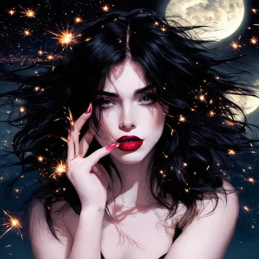 Prompt: Raven hair and ruby lips
Sparks fly from her fingertips
Echoed voices in the night
She's a restless spirit on an endless flight