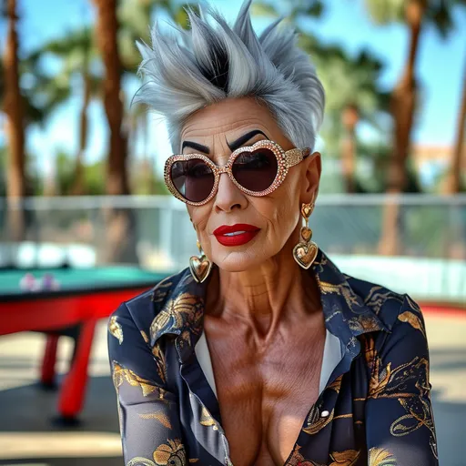 Prompt: 50 year old stunningly gorgeous drag queen goddess with short spiky silver and black hair, cheery, big smile, heart-shaped  sunglasses, athletic physique, Knee-length shorts, button down shirt,  8 inch stiletto high heel shoes, dark smoky eyeshadow,  heavy mascara,  dark red lipstick, sun tanned, posing at the shuffleboard court.