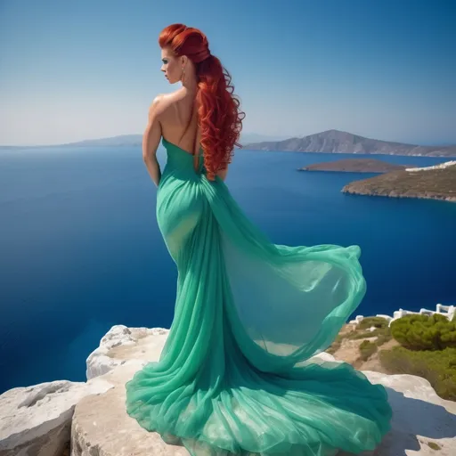 Prompt: Mystical, Gorgeous muscular 30 year old Greek Goddess bodybuilder with long red updo hair,  huge busom, looking over the Greek isles. Mytical scenery. Long beautiful ethereal gown, 8 inch high heel shoes. Crystal ultrablue water, beautiful green landscaped beach islands.