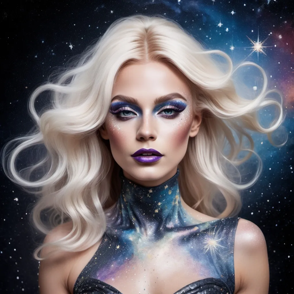 Prompt: a stunning depiction of a gorgeous 25-year-old Swedish drag queen dancer whose flowing movements create beautiful, swirling galaxies. The dancer's form and dress are painted with stars and cosmic dust, illustrating the harmony between human expression and the universe. Light background