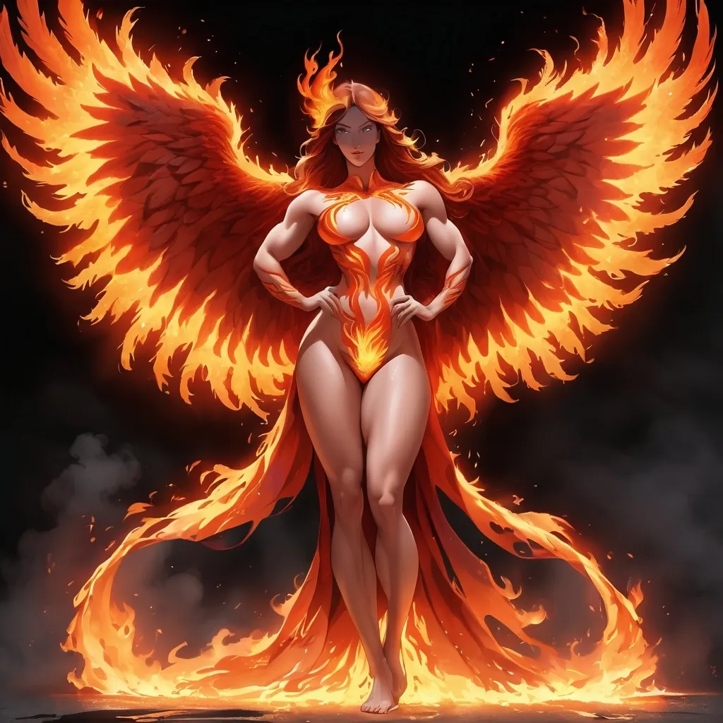 Prompt: a flaming phoenix hovers overtop a 25-year-old muscular goddess. The 25-year-old goddess has clothes made of flames from the Phoenix and looks like a phoenix as a 25-year-old goddess. Full length. Muscular. Large busom.