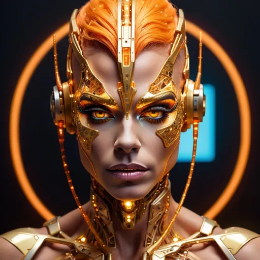 Prompt: A hyper-realistic portrait of a futuristic muscular cybernetic drag queen (with masculine strong jawline) whose face is symmetrically divided into a glowing, biomechanical side and a human, expressive side. The cybernetic side is composed of intricate gold and orange circuitry with shards and glowing fragments, while the human side features soft skin with subtle highlights reflecting blue ambient light. The black background is a soft blur of a few neon orange and blue-green lights, creating a cinematic high-tech atmosphere. The composition emphasises her piercing green eyes and the detailed textures of skin and metal. The lighting is a dynamic mix of warm and cool tones, adding depth and drama to the scene. The mood is mysterious and ethereal, evoking both humanity and technological transcendence. Highly detailed, photorealistic rendering with an emphasis on depth of field and reflective surfaces.