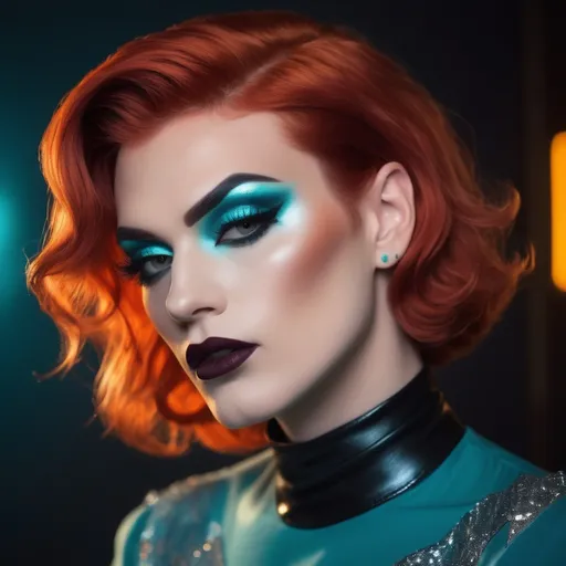 Prompt: A very handsome man dressed up as a Gorgeous 25-year-old drag queen, short swept over stylish orange hair, smoky eyeshadow,  dark red lipstick, retrofuturistic film noir by Quentin Tarantino, teal glowing haze dreamy atmosphere.