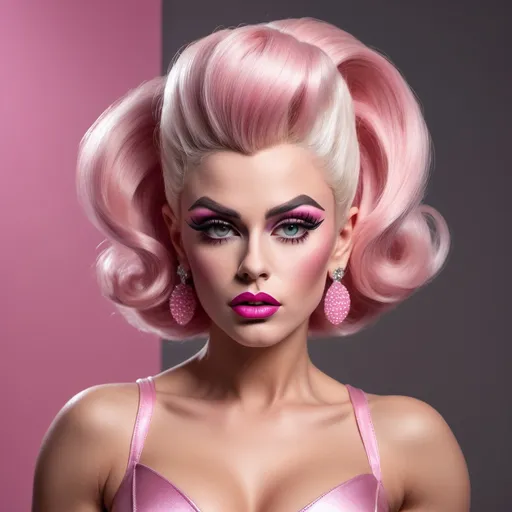 Prompt: Photorealistic, 8k, full length, James Dean dressed up as an attractive spoiled bratty drag queen, she has strong masculine facial features, plump pouty oversized lips, duck lips, Chiseled strong masculine jawline, masculine brow, muscular physique, huge platinum pink bouffant hairstyle with beehive bun and long extensions, wearing a cute 1950s style dress and 8 inch stiletto high heels, extremely heavy chav makeup style, she is walking,