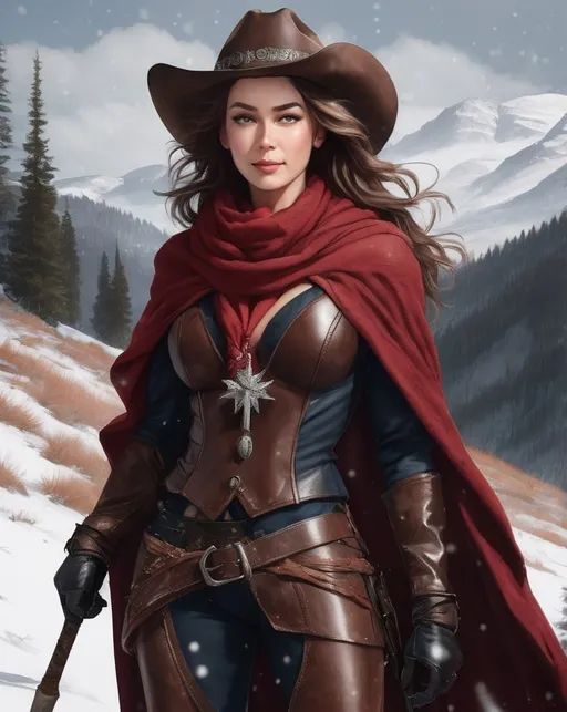 Prompt: A hi-res 8k hd digital photograph of a proud gorgeous rugged cowgirl with huge busom in winter snowy mountains. She is wearing a dark red cloak lined with fur and a scarf over metal armor. She has ridiculously long wavy autum hair and a brown cowboy hat. She is holding a halberd. It is snowing and windy. She is smiling. Cowboy hat.