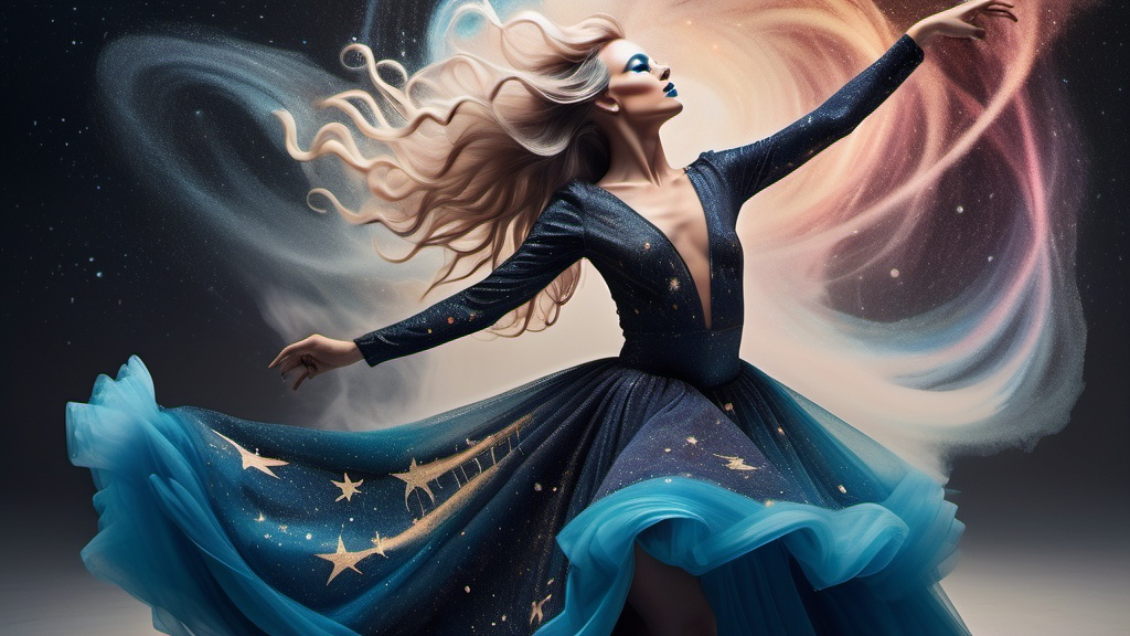 Prompt: a stunning depiction of a gorgeous 25-year-old Swedish drag queen dancer whose flowing movements create beautiful, swirling galaxies. The dancer's form and dress are painted with stars and cosmic dust, illustrating the harmony between human expression and the universe. Light background