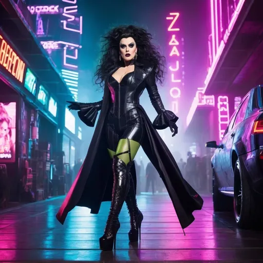 Prompt: Gorgeous muscular cyberpunk drag queen Bellatrix Lestrange, great legs, fashionable high heels,  dark lipstick.