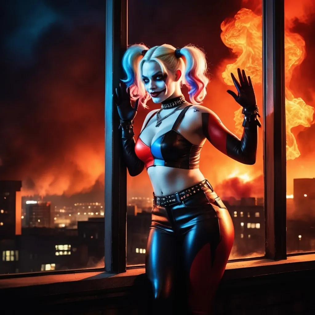 Prompt: Drag queen Harley Quinn perched on a window, hands in the air in triumph, gazing into a fiery cityscape, flames illuminated against a dark sky, dramatic tones, vivid reds and oranges, smoke swirling in the air, high detail, moody atmosphere, urban environment, nighttime, powerful contrast, cinematic lighting, ultra-detailed, surreal and intense emotional vibe.