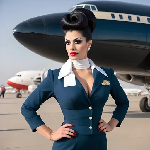 Prompt: Gorgeous ultra-muscular 25-year-old Persian hour glass figured drag queen (strong masculine jawline and brow facial features), with large busom and ridiculously long wavy black updo bun hairstyle dressed as a 1960s stewardess,  passenger plane in background. Full length photography. 