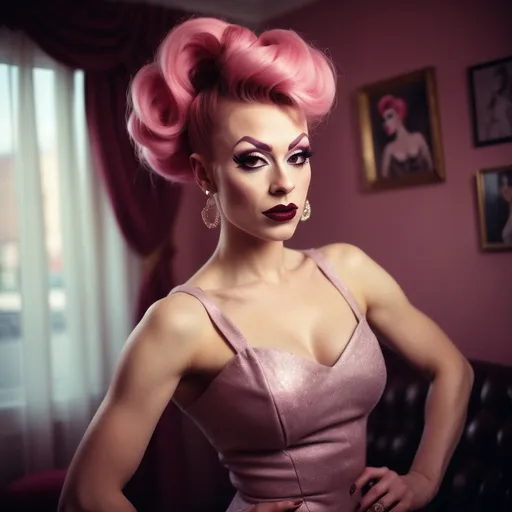 Prompt: photorealistic, (Holga photography), gorgeous ultra-muscular 25-year-old Russian drag queen businesswoman with long pink updo hair, drak eyeshadow and dark red lipstick,  (flirty expression), (playful pose), full body, low-fidelity dreamy aesthetic, soft light flare, analog photography style, vintage charm, grainy texture, warm tones, stylish attire, evoking authority and elegance, reminiscent of classic business imagery, capturing a moment of confidence, (low quality), ideal for a striking portfolio or profile shot, perfect blend of retro and modern vibes.