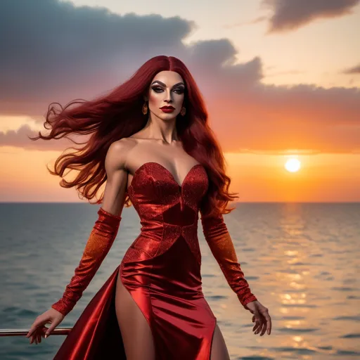 Prompt: The most beautiful ultra-muscular 18-year-old white French drag queen bodybuilder with very long dark red hair wearing a conservative yet classy evening dress and 8 inch stiletto high heel shoes posing near the ocean at sunset.