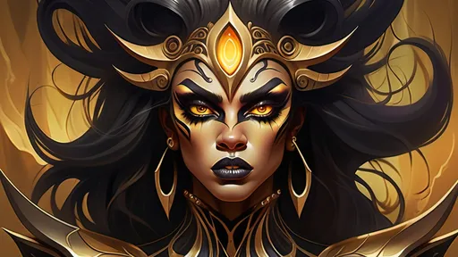 Prompt: This is a digital art fantasy illustration that depicts a powerful, demonic drag queen character with dark, flowing hair. a cyclops with one eye. Her sharp, angular features and intense, golden eyes convey strength and determination. The character's armor is ornate and jagged, with glowing gold highlights, enhancing his formidable presence. The warm, golden background features a surreal, otherworldly landscape with tall, spire-like structures and a reflective, shimmering body of water. The dynamic pose, detailed armor, and glowing atmosphere suggest a warrior of immense power, evoking a sense of majesty and danger. Digital art illustration