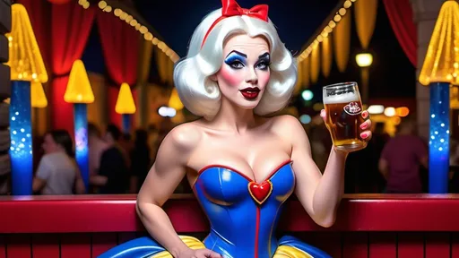 Prompt: Gorgeous ultra-muscular 25-year-old Swedish drag queen Snow White with 8 inch stiletto high heel shoes, dark mascara, eyeshadow and dark red lipstick, standing in Disney World holding a beer and flirting with guests at night