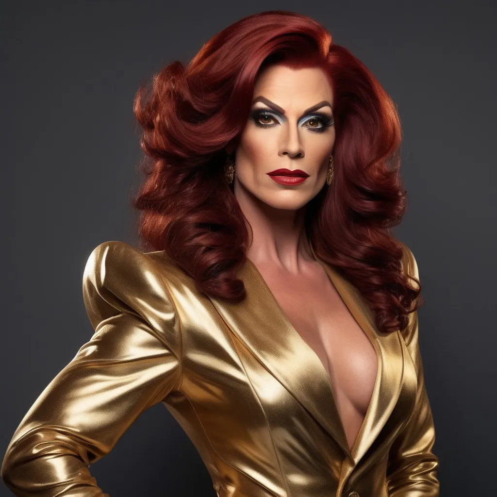 Prompt: "A gorgeous muscular German drag queen in her late thirties with striking dark red hair and light brown eyes that shimmer with a golden hue. She has a sharp, regal face and an air of authority. Known as the 'Golden Dutchess,' she is tall and muscular, exuding confidence and refinement. Dressed in a tailored noble coat with intricate detailing, she stands in a grand hall, her demeanor poised yet guarded, hinting at a troubled past beneath her polished exterior."