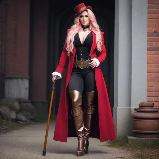 Prompt: A gorgeous ultra-muscular 25-year-old Finnish goddess bodybuilder with huge busom wearing a long black coat, with a bronze waistcoat and a white shirt, unbuttoned at the top . She's wearing a slightly crumpled top hat and has ridiculously long pink hair. She carries a walking cane with a red crystal on its round handle. She has green eyes. In the style of gothic & steam punk. She is about 25 years old. wearing a heavy, red coat, bronze pants, and 8 inch high heel shoes. Composition focus on legs and full-body. 