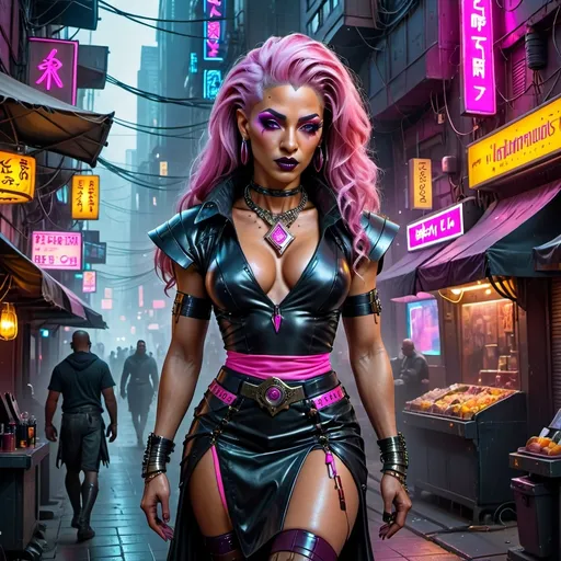 Prompt:  Hyperrealistic Fictional Character, Upscale 4K, Incredibly Finite Details, Highly Detailed Cyberpunk Character, gorgeous muscular 45-year-old Egyptian drag queen (masculine jawline and brow features) with dark eyeshadow,  dark lipstick,  heavy mascara, and long pink gray hair wearing an Ornate Pendant and Deep V-Neck Shirt and a flattering skirt with thigh high silk stockings and high heel boots, Background is a dark evening cyberpunk city street bustling with vendors, Vibrant Neon Colors