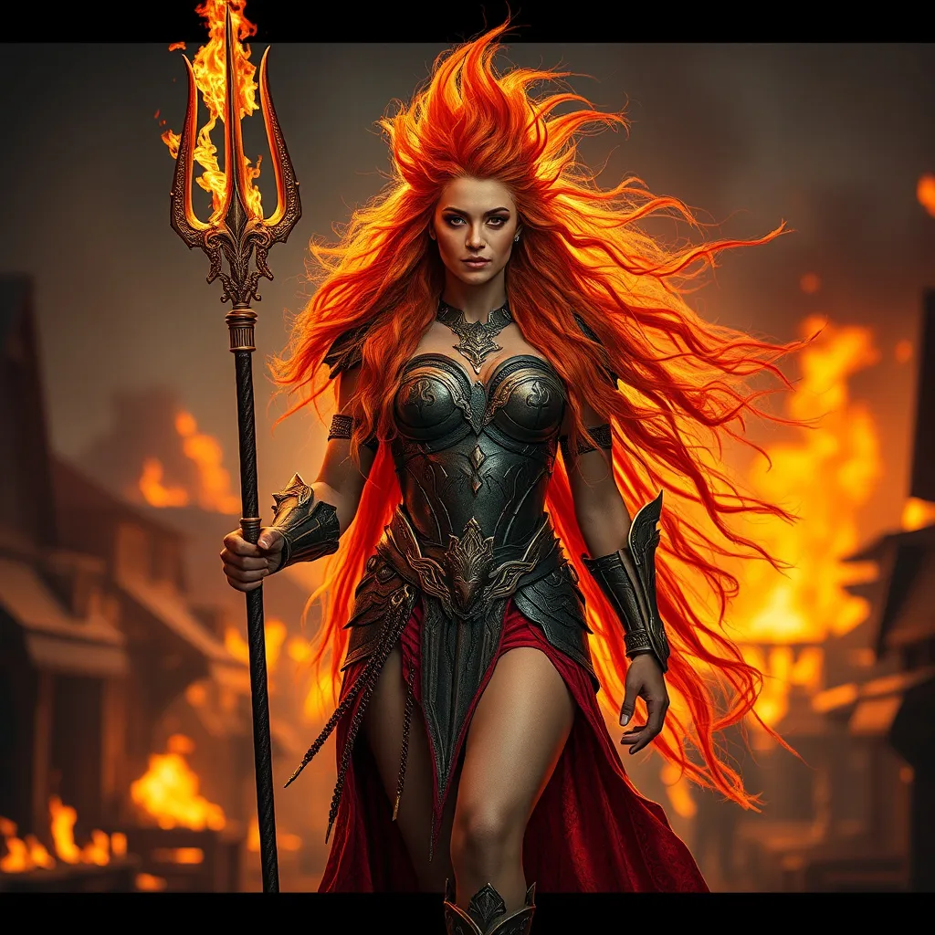 Prompt: Gorgeous muscular 25-year-old (Caucasian) drag queen goddess carrying a flaming trident, wearing armor of fire, ridiculously long flowing hair of fire, walking through a burning town.