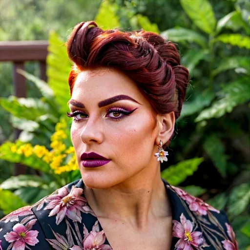 Prompt: award-winning full-length portrait of a gorgeous muscular drag queen (strong masculine jawline and facial features) with dark red updo hair, dark eyeshadow,  and dark lipstick, chic floral dress, outdoors, dainty bouquet of wildflowers, high-quality, oil painting, detailed floral patterns, serene atmosphere, elegant, natural lighting