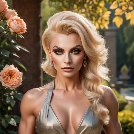 Prompt: professional SFW photoshoot, realism, outdoor setting, natural lighting, gorgeous 28-year-old Russian drag queen bodybuilder with short blonde spiky swept over hair in elegant attire, sophisticated pose, detailed facial features, high resolution, realistic style, warm tones, professional model, scenic backdrop, detailed landscape, clear and sharp focus, luxury fashion, high quality, refined composition, classic beauty