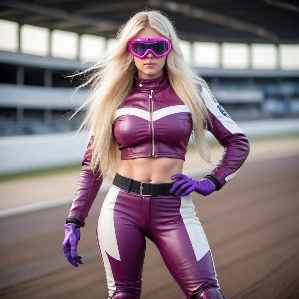 Prompt: Gorgeous ultra-muscular Finnish 25 year old goddess with huge busom and has ridiculously long blonde hair in a full fringe. She wears a purple racer helmet with goggles, a dark pink leather jacket with a purple turtleneck and purple gloves, pink skirt with red pants underneath and white boots. She's standing and posing on a racetrack. 