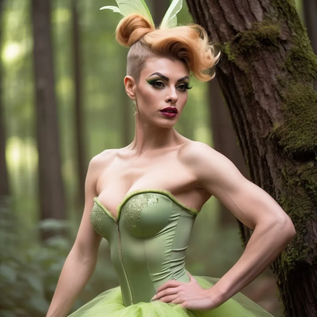 Prompt: Gorgeous 25-year-old (caucasian) muscular French drag queen ((strong masculine jawline and brow)) with fit figure, and long strawberry-blonde updo hair (((blowing in the wind))), dressed as Tinkerbell, sheer nylon stockings, and 8 inch stiletto high heel shoes, posing in the forest, pixie dust in the air..