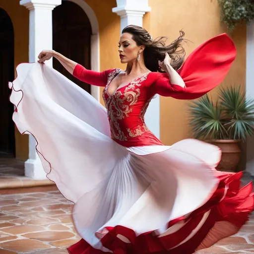 Prompt: (A close-up image)In the warmth of a twilight evening, a gorgeous muscular 35-year-old Spanish drag queen bodybuilder dancer (masculine jawline and brow facial features (hyper intricate facial detail)) dressed in a striking red flamenco gown whirls gracefully in a quaint courtyard setting. Her flowing dress swirls with every intense step and turn, capturing the essence of traditional Spanish dance. The rustic charm of the courtyard complements her fiery performance, with soft lighting casting golden hues that accentuate the dynamic movements of her dance. This compelling scene brings together the beauty of cultural expression and the timeless elegance of flamenco.
Hyper dynamic movement effect art
Splash art, hyper detailed, ultra realistic, highly detailed. Perfect studio lighting, perfect shading, impeccable contrast, HDR, UHD, high res, 64k
