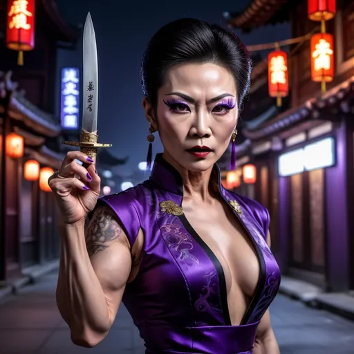 Prompt: A mature, gorgeous muscular Chinese drag queen assassin wearing a dark purple, form-fitting, low-cut qipao holds a mini dagger in her hand. On a dimly lit street late at night, her piercing eyes shine brightly as if searching for her prey. She put on a martial arts pose(ultra detailed). fine detailed drawing, professional photo, HDR, UltraHD, a lot of details, pixel study, 3D, detail, photorealism, majestic, stunning, elegant, brillant, sumptuous, magnificent, effulgent, refulgent, fantasy, epic, long hair, mystic, full body view, classical and warm lighting style and cinematic art 
