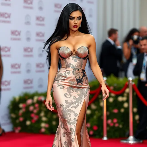 Prompt: Gorgeous elegant muscular 25-year-old drag queen with long straight shiny black hair, wearing a beautiful Versace designed dress and 8 inch stiletto high heel shoes,  dark smokey eye shadow, Dark red lipstick.  Walking the red carpet.